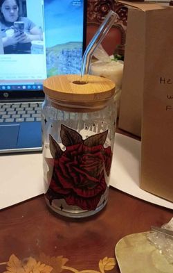 Rose glass cup with straw