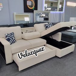 ✅️✅️2 pc Beige boucle fabric sectional sofa with pop up sleep area and storage chaise drop down tray table wireless charging✅️