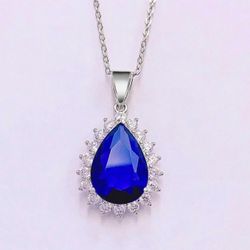 Sterling Sapphire crystal Teardrop Halo Pendant - Sterling 18” Mariner’s Chain