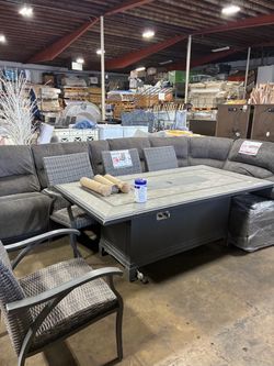 Outdoor dining set with fire pit table - 4 wicker chairs