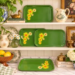 Vintage MCM Avocado Green Metal Daisy Snack Tray Groovy Flower Power Decor Retro 1960s Mid Century 