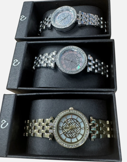 Lot of 3 Crystal Accented Bracelet Watch Gold Tone With Patterned Dial