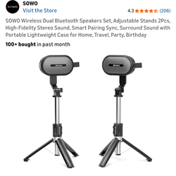 SOWO Wireless Dual Bluetooth Speakers Set, Adjustable Stands 2Pcs, High-Fidelity Stereo Sound, Smart Pairing Sync, Surround Sound with Portable Lightw