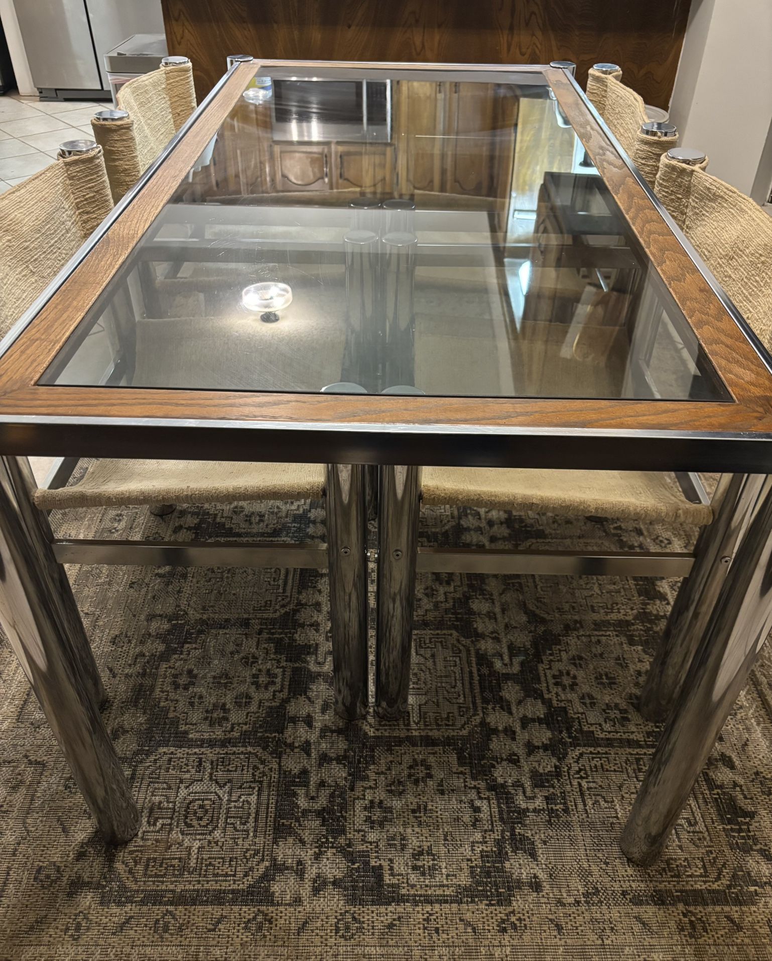 1970s chrome/wood dining table with 4 chairs