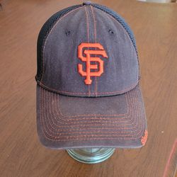 New Era San Francisco Giants Black Orange Mesh Back Fitted Cap Hat Size 
S-M. 100% Polyester. Pre-owned, good shape, please see photos for details.