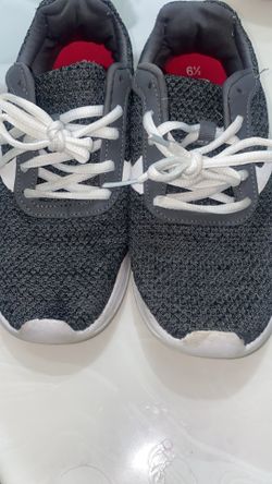 pair of gray Athletic Works mesh jogger sneakers with white laces. 