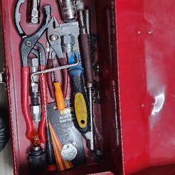 VINTAGE METAL TOOLBOX Red W/Misc Tools