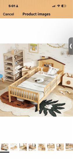 KOMFOTT Twin Bed Frame with Rails & House Shaped Headboard, Solid Wood Platform Bed with Safety Guardrails, Storage Cube & Under-Bed Storage, No Box S