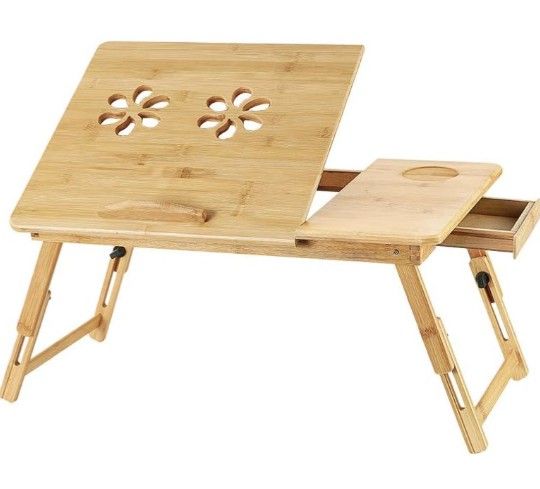 Bamboo Laptop Desk with Drawer, Foldable Laptop Bed Tray