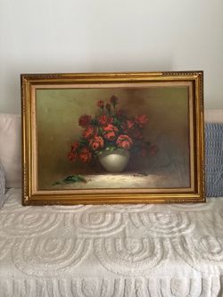 L. Hatcher Framed Still Life Canvas Painting of Roses in Vase, Signed 24x36