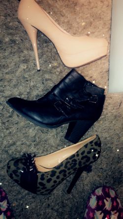 beige, black ankle boots & cheetah print heels