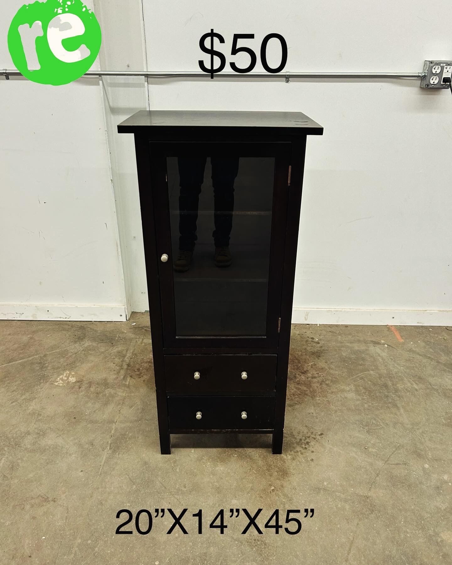 Glass Door Cabinet With 3 Shelves And 2 Drawers
