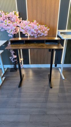 47 inches brown standing desk with upper shelves