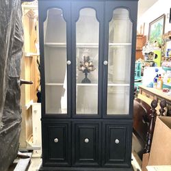 Mid Century China Cabinet In Black With Beige Interior For Sale  76” Tall  X18” Deep X 43” Wide 