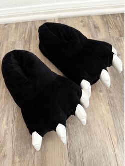 Black velvet paw slippers with white claws
