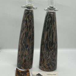 Set Of (2)  Approx 11” Tall Hand Blown Art Glass Candlesticks By Lawrence Tuber