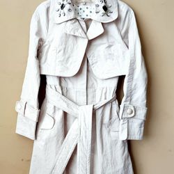 Ivory White Textured Trim Belt Top Dress Coat Jacket Trench  Womens Size M/ Medium 