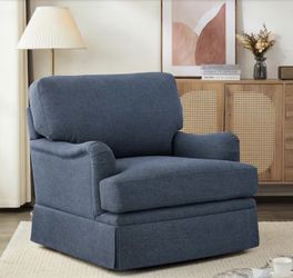 32 in. W Dark Blue Fabric 360° Swivel Accent Chair Modern Upholstered Armchair Metal Base Barrel Sofa Chair