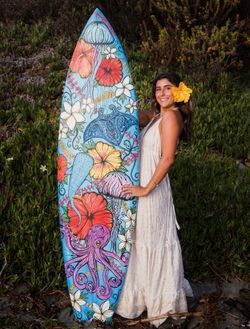 Hand painted surfboard by me! Hibiscus/Plumeria Flowers, Ocean Creatures and Leis.