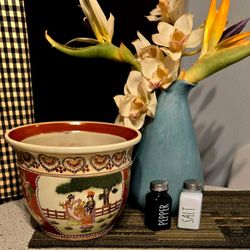 Antique Authentic China Hand Painted Potted Ceramic Planter
