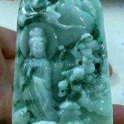 Burmese icy Type A Jadeite Jade Pendant Lucky Peaceful Kwanyin. 