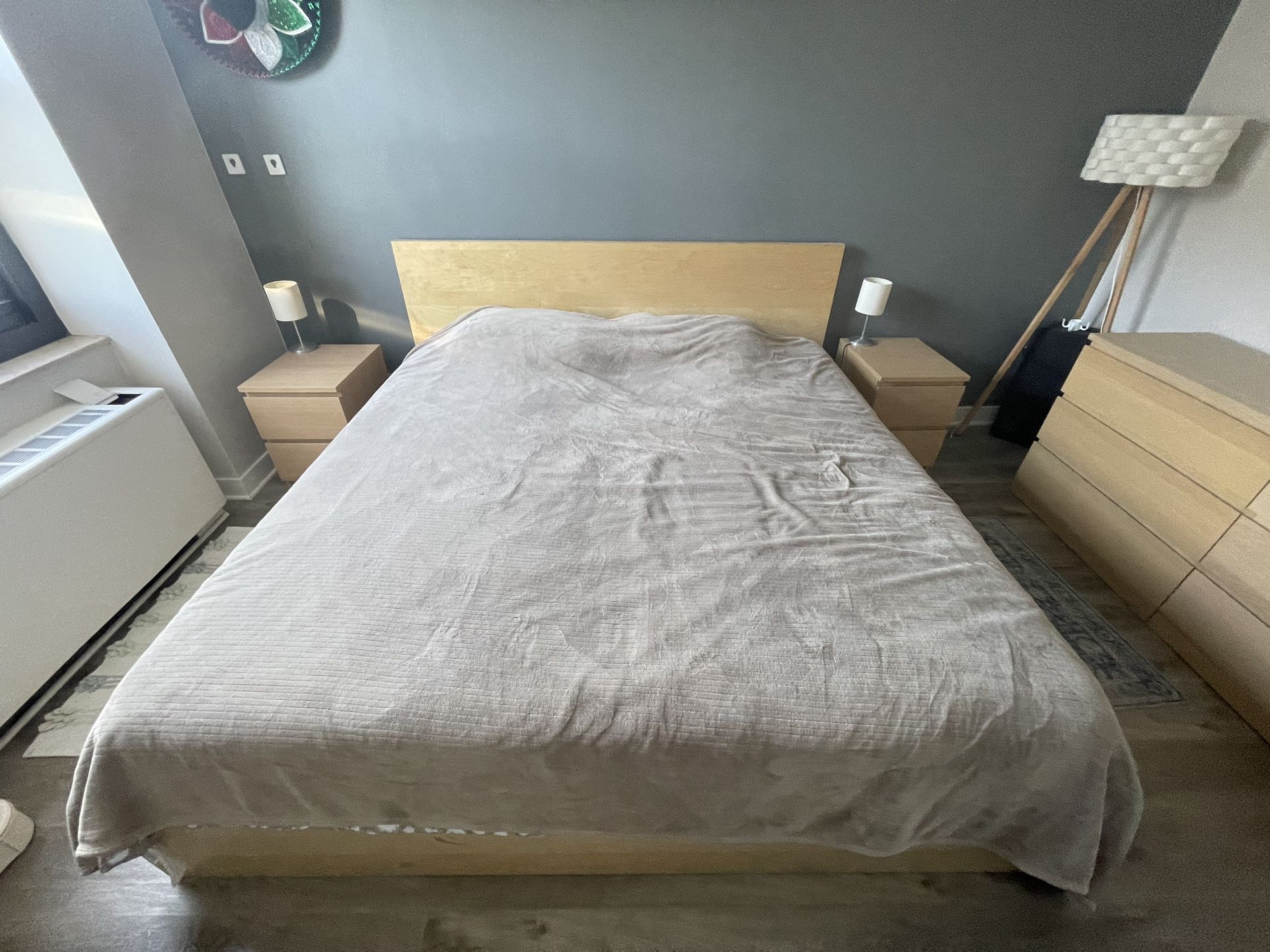 Bed frame with drawer and 2 night stands