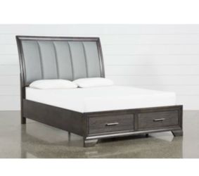 Dark Wood Storage Bed with Upholstered Headboard