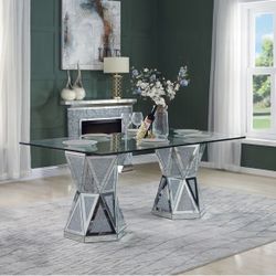Mirrored Dining Table Glass Top 2 Pedestals As Base Faux Crystals 71” Long Brand New In Box Firm Price $799
