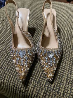 Women Size 11 Gold Crystal Embellished Slingback Heels