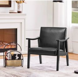 Modern Faux Leather Accent Armchair, Upholstered Chair with Solid Wood Legs for Living Room Bedroom, Black