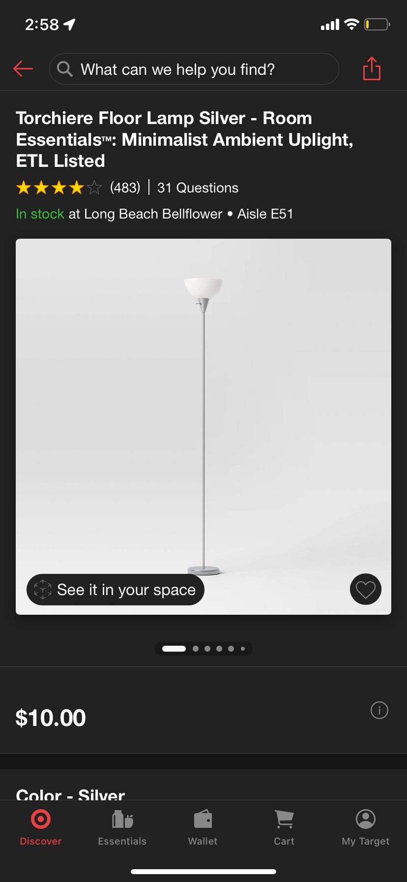 Torchiere Floor Lamp Silver - Room Essentialsâ„¢: Minimalist Ambient Uplight, ETL Listed