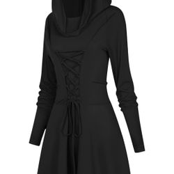 XL Black  Womens Renaissance Costumes Hooded Robe Lace Up Renaissance Dress Women Halloween Vintage Medieval Cloak 