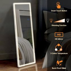 3 Color Lighting Mirror with LED Lights, 64x21 Lighted Floor Standing Mirror with Stand