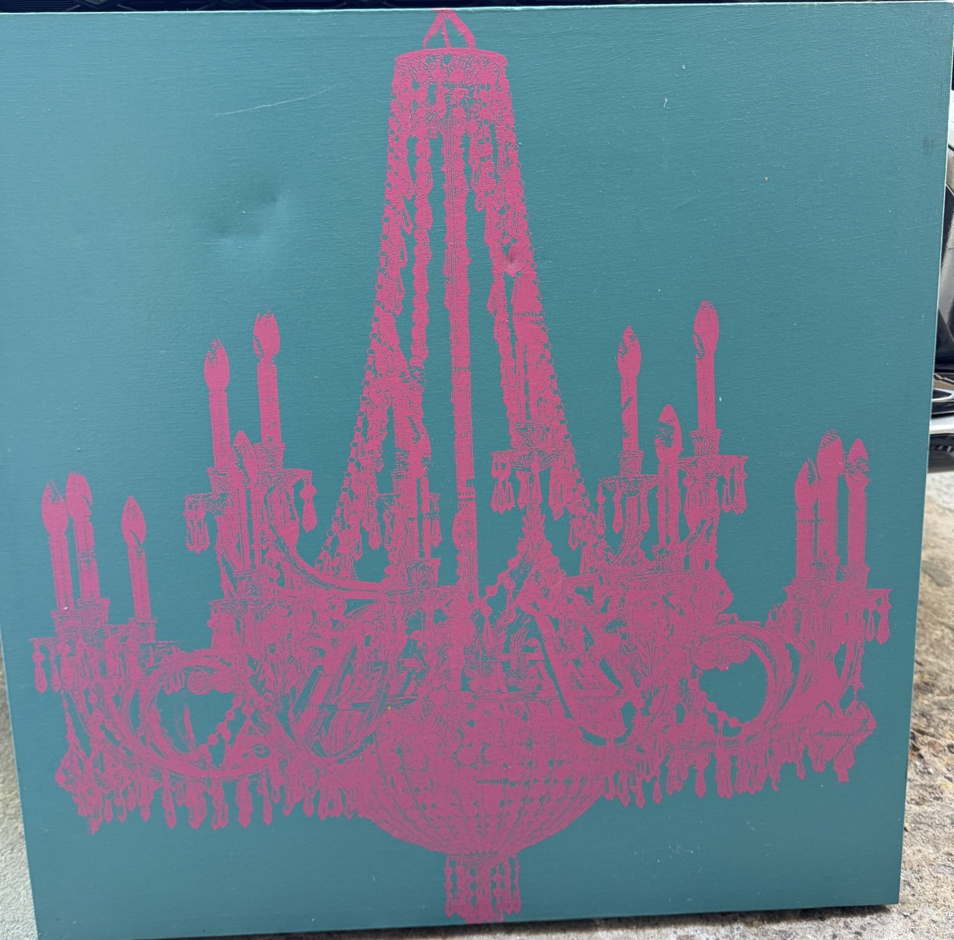 36” X 36” Chandelier Modern Wall Art. Blue With Pink.