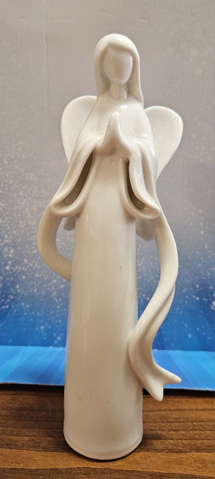 Angel Figurine White Open Sleeves w/ Wings Ribbon 9.5” Tall