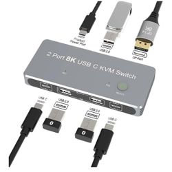 8K USB-C KVM Switch DP1.4 2USB-C 2PC Input 1 DisplayPort Output 8K@60Hz 4K@144Hz USB KVM Switcher
