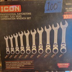 ICON 10 Pc. Metric Stubby Flex Head Combination Wrench Set 