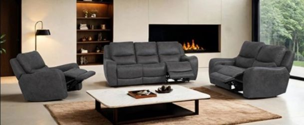 Brand New Dark Grey Super Plush 3pc Power Reclining Sofa Set