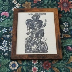 Framed 'DER ZORN' Woodcut Medieval Warrior Parchment Print Art 8.5" x 11"
