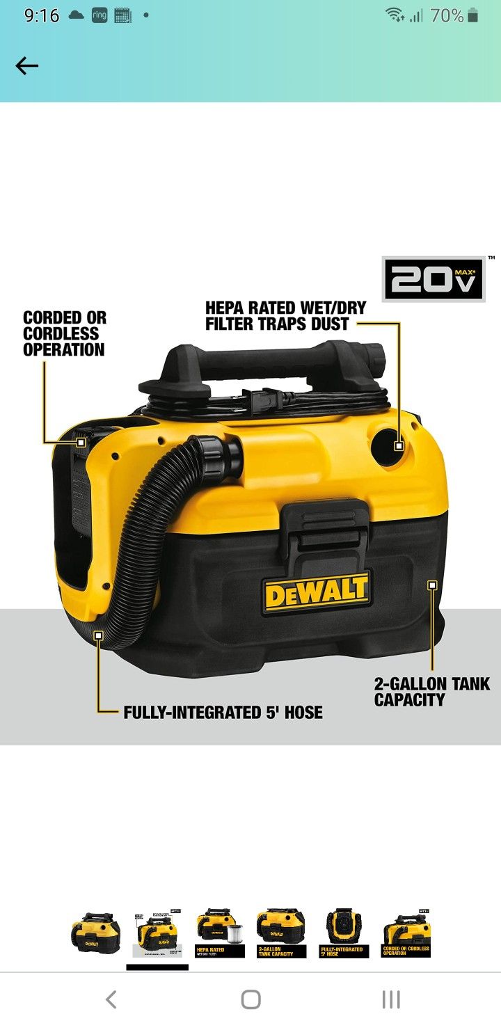 DEWALT 20V MAX Vacuum, Wet/Dry, Tool Only

