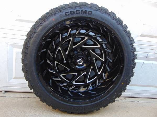 33 12.50 22 Cosmo Mud Kicker Tires & 22X12 Black and Silver Rims*8X6.5* *CHEVY* *DODGE*