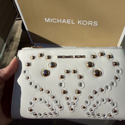 Michael Kors Adele Embellished Leather Smartphone Wallet in white with gold-tone stud embellishments 