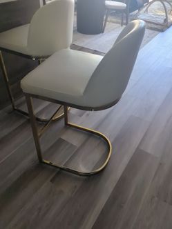 Crate & Barrel Modern Dining Chair White Faux Leather Gold Frame Set of 2