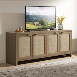 61.5”TV Stand for Living Room Rattan Entertainment Center for Bedroom with 4 Rattan Cabinets Farmhouse Television Stands with Storage Large Media Cons
