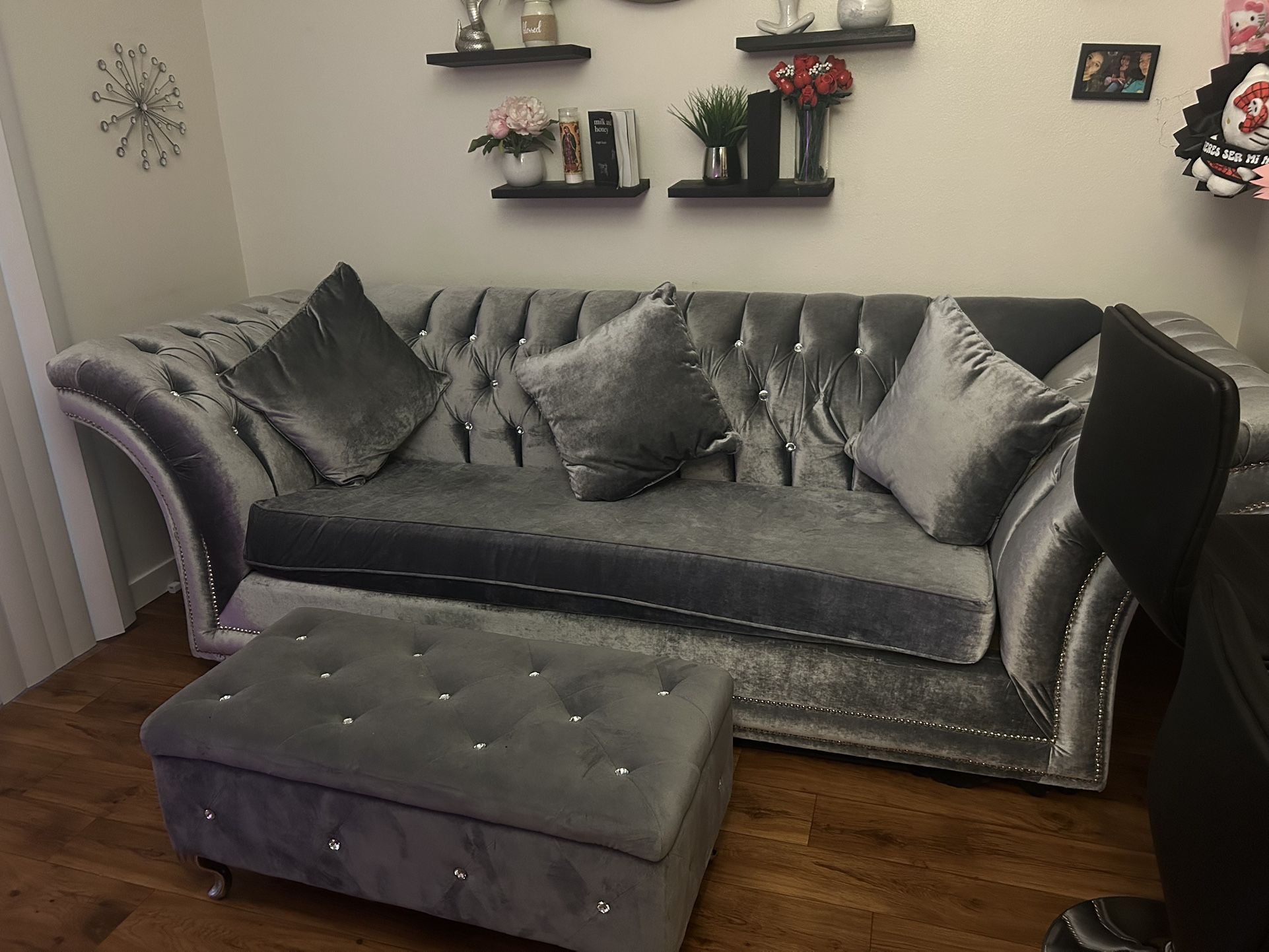 Velvet Light Gray Couch With Ottoman
