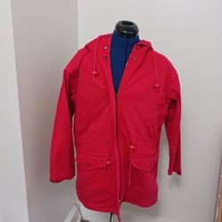 Womans Eddie BauerJacket Coat Barn Cotton Chore Utility Med Red Hood Drawstrings