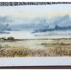 J. Newman – Original Watercolor Landscape – Silos & Weathervane – 5 × 14 in