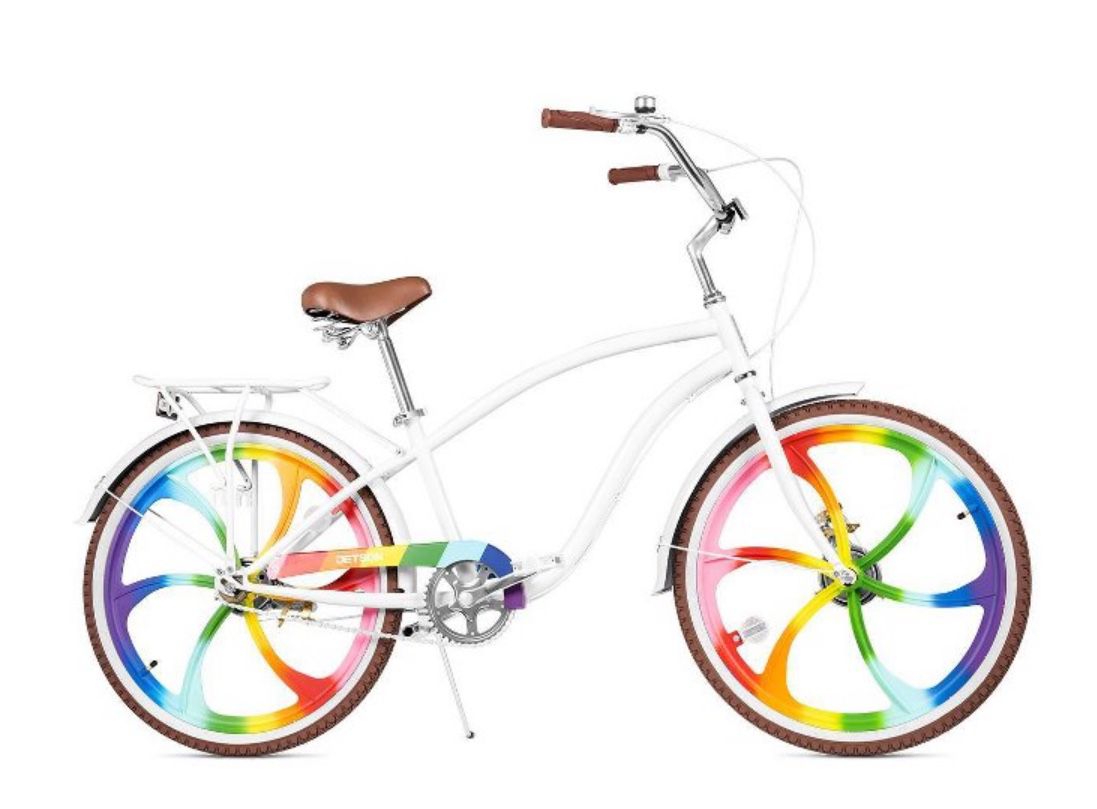 New in box Jetson 24” Zephyr Cruiser rainbow color wheels/White bike 