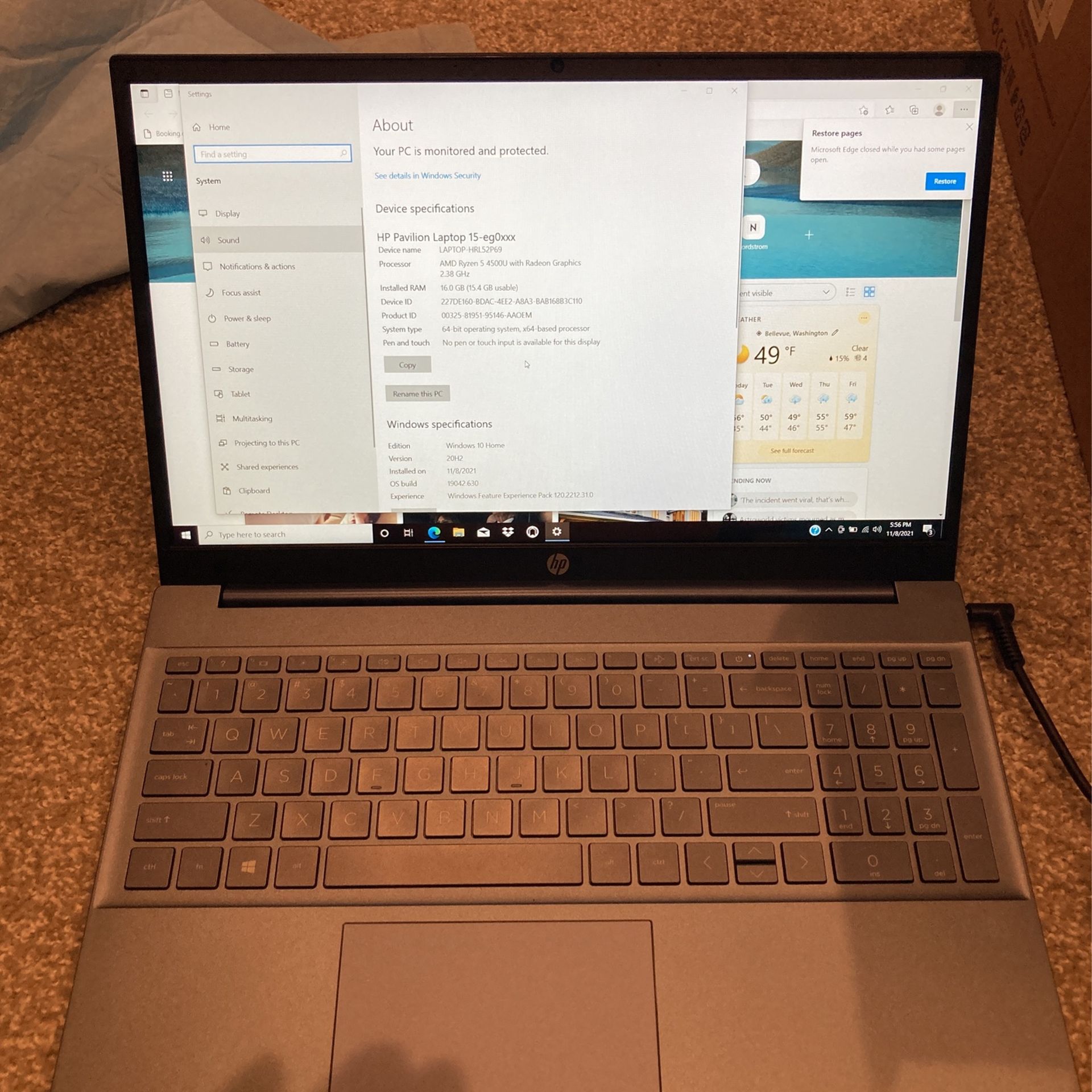 HP “ No touchscreen Laptop, AMD Ryzen 4500U, 16GB RAM