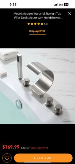 Mooni Modern Waterfall Roman Tub Filler Deck Mount With Handshower Solid Brass Sh75